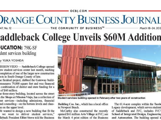 Front page of the OC Business Journal with Saddleback College story on front